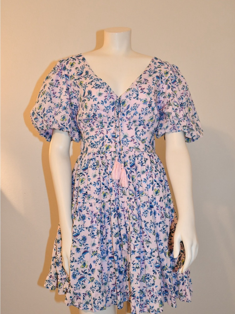 Jessica Simpson Pink and blue Floral V-Neck Puff Sleeve Mini Dress XS